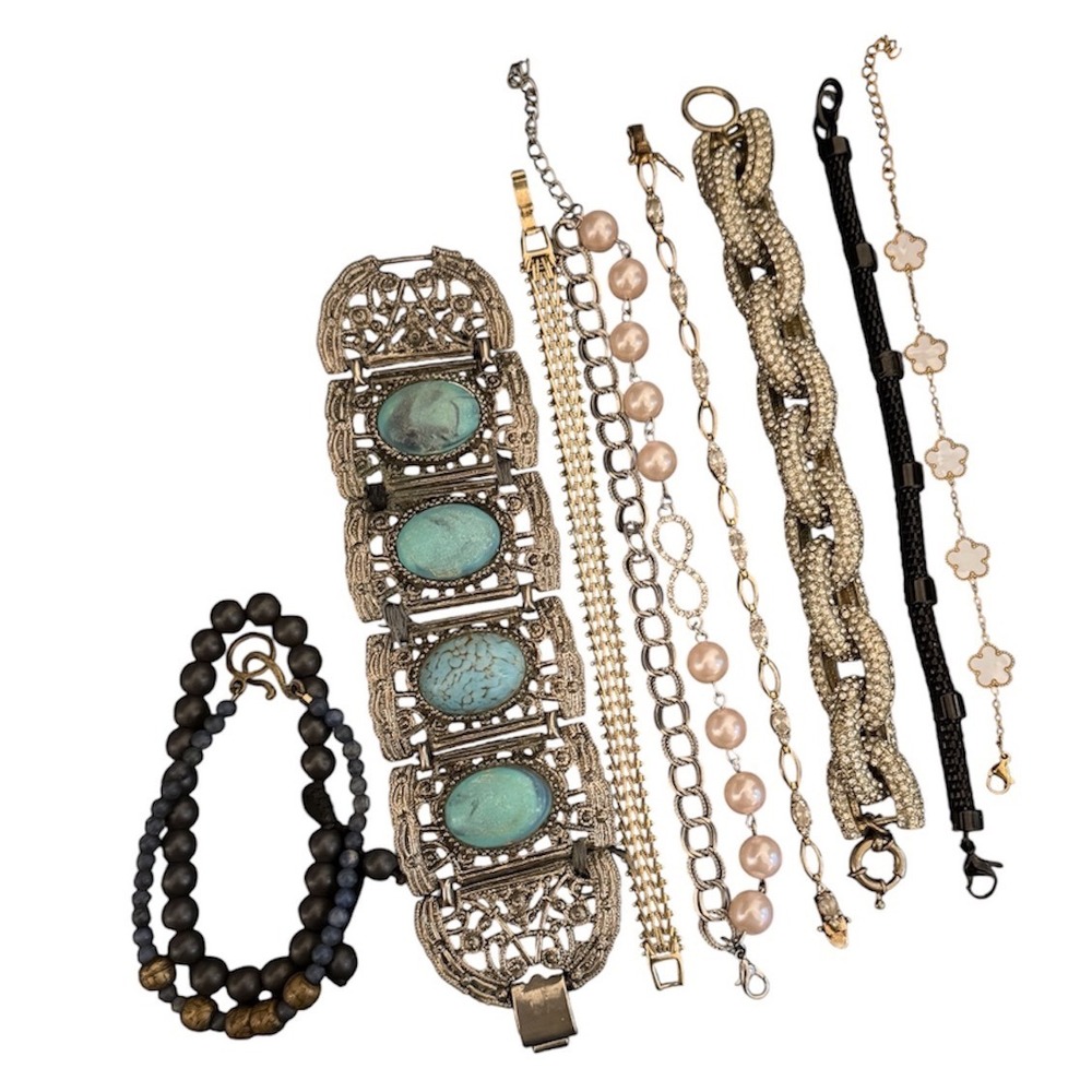 Lot of 9 Fashion Bracelets Mixed Styles Rhinestone Faux Turquoise Pearl Beaded
